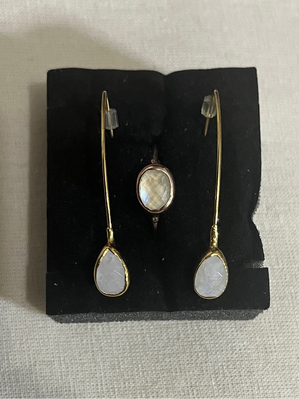 Ringcrush 24K Gold Filled Moonstone Oval Ring & Drop Earrings Set